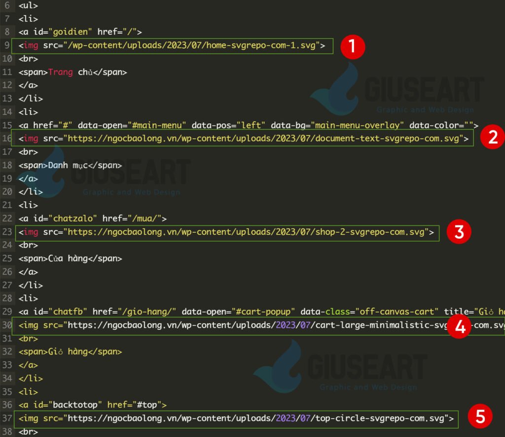 Bước 2: Thay đường dẫn icon ảnh Các bạn lần lượt tải các icon dưới đây về, upload lên website, copy URL của anh và thay thế vào vị trí tương ứng mình đánh dấu dưới đây: Icon trang chủ: https://ngocbaolong.vn/wp-content/uploads/2023/07/home-svgrepo-com-1.svg Icon danh mục: https://ngocbaolong.vn/wp-content/uploads/2023/07/document-text-svgrepo-com.svg Icon cửa hàng: https://ngocbaolong.vn/wp-content/uploads/2023/07/shop-2-svgrepo-com.svg Icon giỏ hàng: https://ngocbaolong.vn/wp-content/uploads/2023/07/cart-large-minimalistic-svgrepo-com.svg Icon nút lên trên: https://ngocbaolong.vn/wp-content/uploads/2023/07/top-circle-svgrepo-com.svg